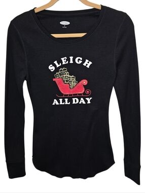 Old Navy Women's M 'Sleigh All Day' Graphic Black Thermal Long Sleeve Top